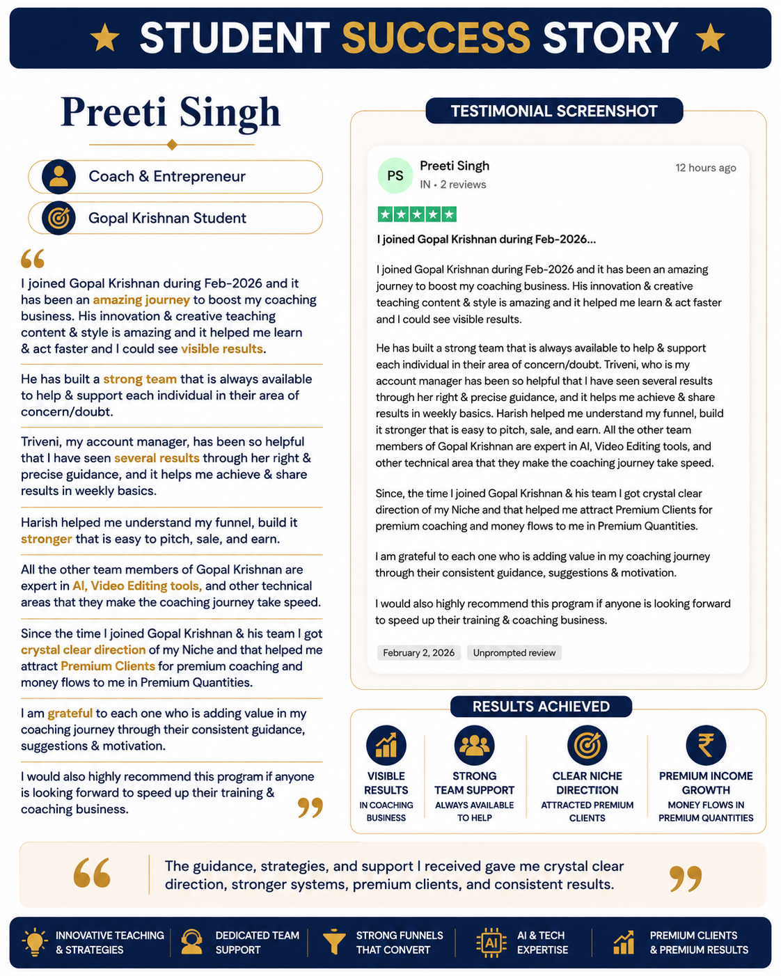 Preeti Singh, Coach & Entrepreneur, Gopal Krishnan Student, student success story