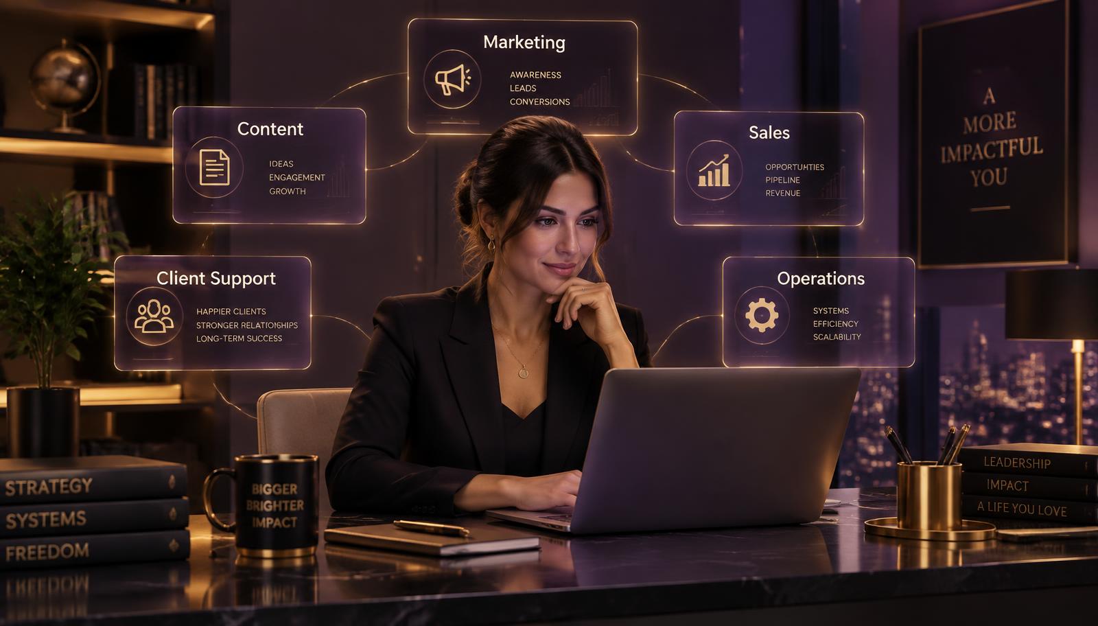 A coach at a desk with AI agents handling content, marketing, sales, client support and operations