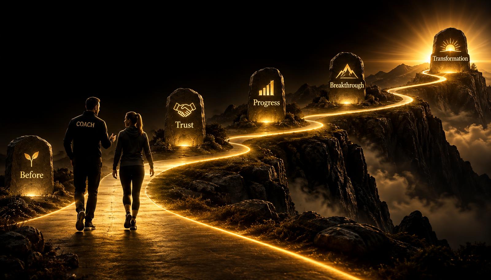 Coach and client walking a path through Before, Trust, Progress, Breakthrough and Transformation