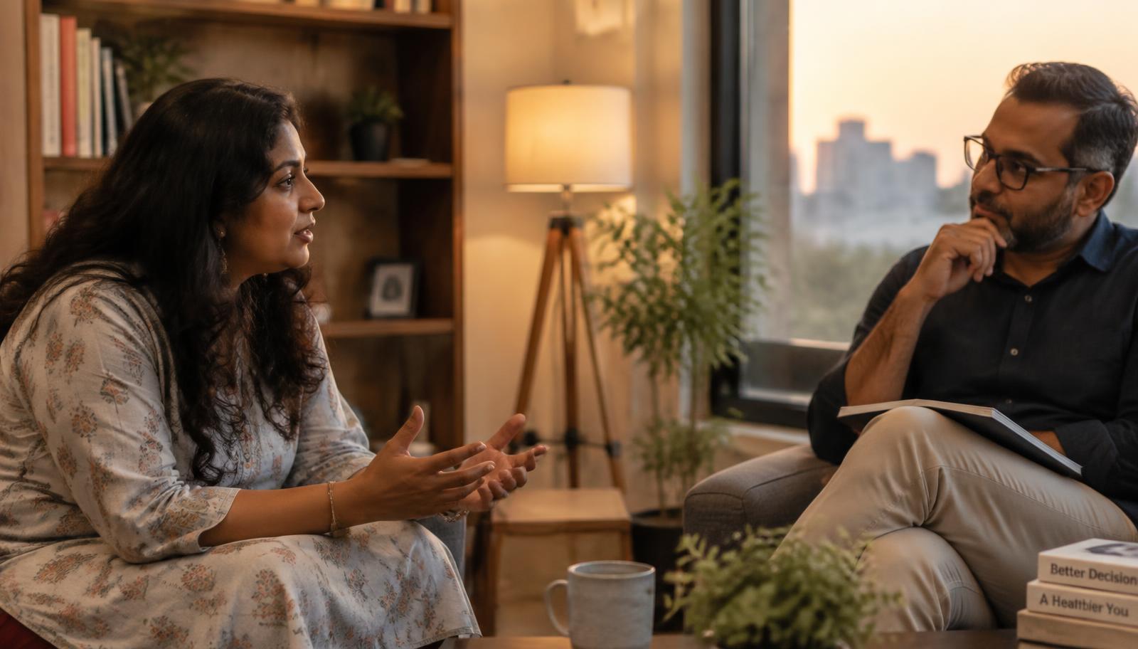 A coach listening attentively to a reflective client