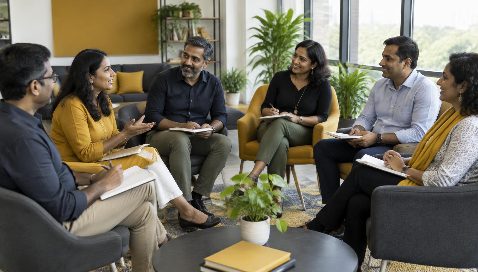 A small coaching community sharing experiences and listening to one another in a group discussion