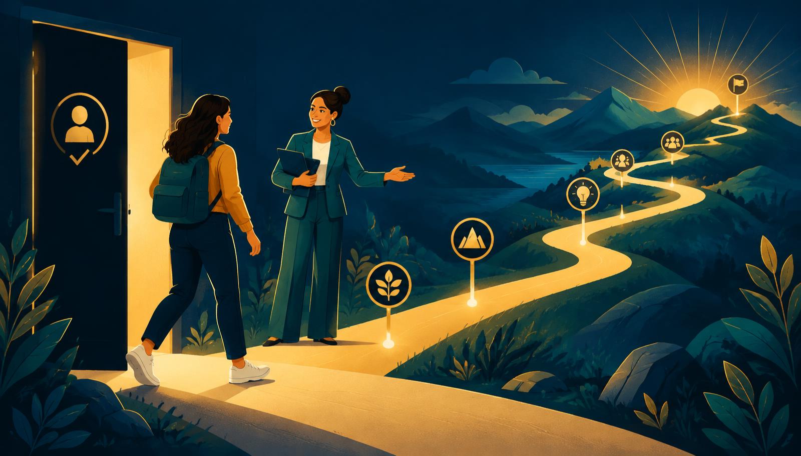 A coach welcoming a new client onto a guided path with milestones ahead